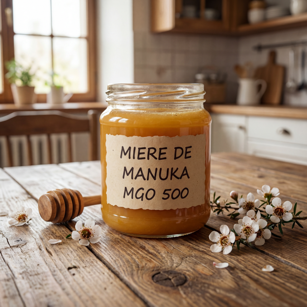 Borcan de sticlă cu miere de manuka MGO 500 etichetat, așezat pe o masă de lemn.