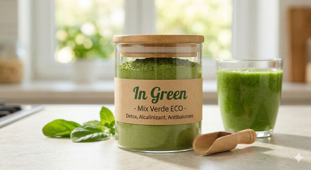 In Green - Mix Verde ECO pentru Talie Suplă Borcan cu In Green - Mix Verde ECO, pudră bio pentru detoxifiere și anti-balonare, lângă un smoothie verde fresh și linguriță de lemn.