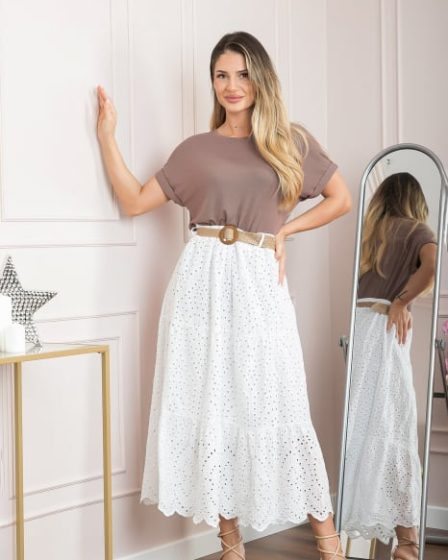 Fusta alba boho chic cu perforatii si curea in talie 2