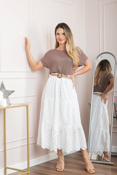 Fusta alba boho chic cu perforatii si curea in talie 10