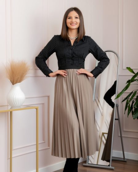 Fusta plisata eleganta Jacqueline cu elastic in talie - Bej 15