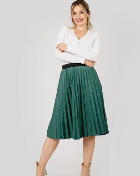 Fusta plisata verde din piele intoarsa sintetica cu elastic in talie 16