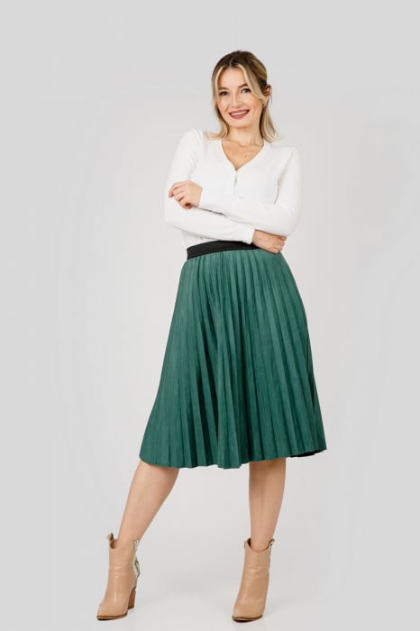 Fusta plisata verde din piele intoarsa sintetica cu elastic in talie 15