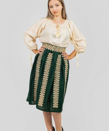 Fusta traditionala verde cu broderie florala crem Cecilia 02 6