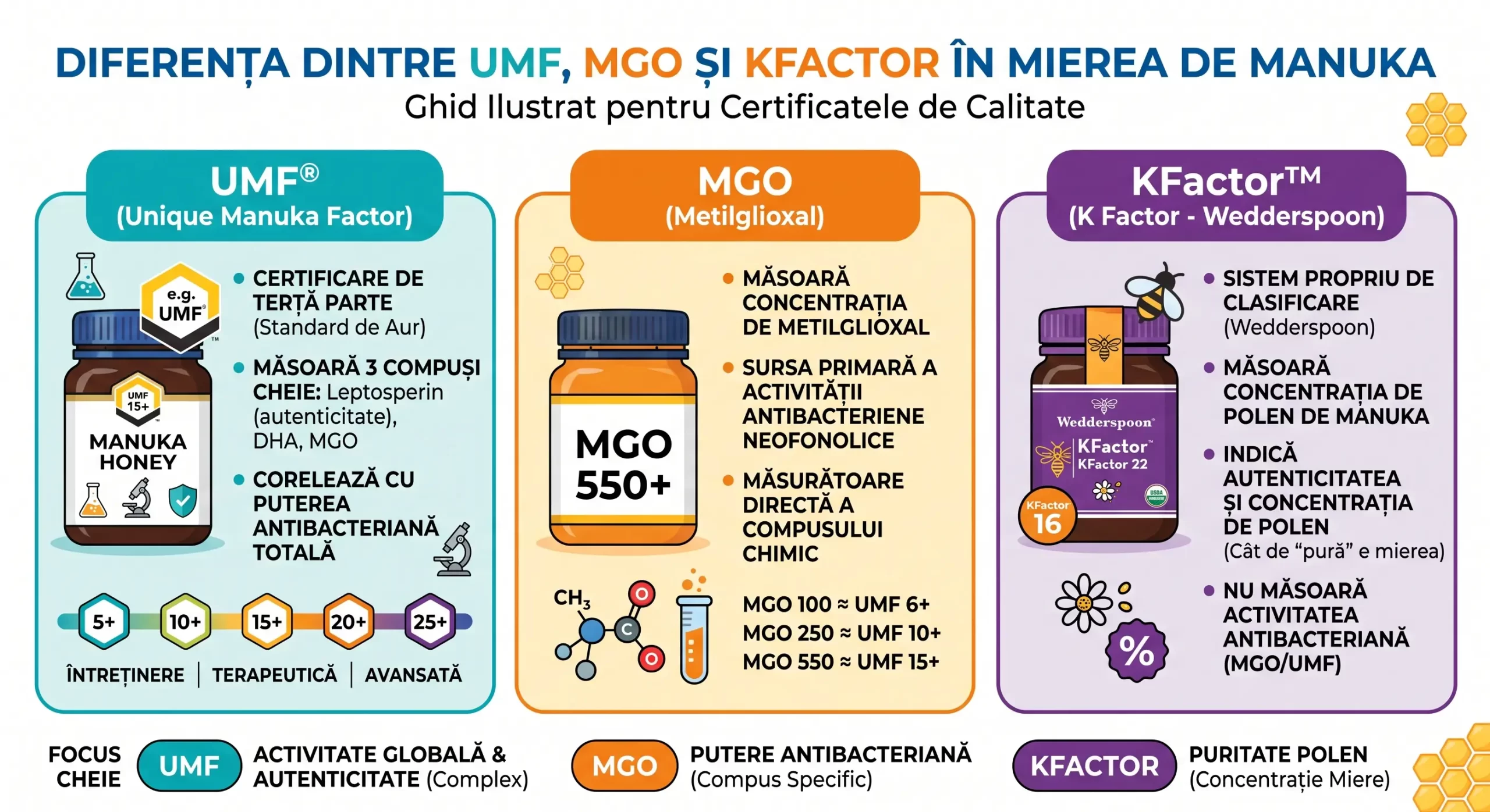 UMF, MGO, KFactor: Înțelege diferența dintre cei 3 indicatori ai mierii de Manuka 8