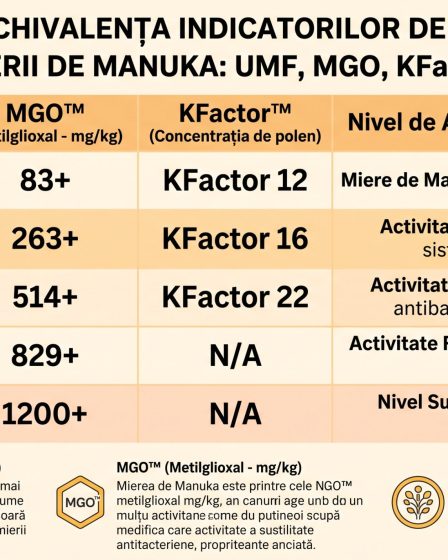 Miere de Manuka UMF MGO KFactor: Tabel cu echivalența celor 3 indicatori de calitate 1
