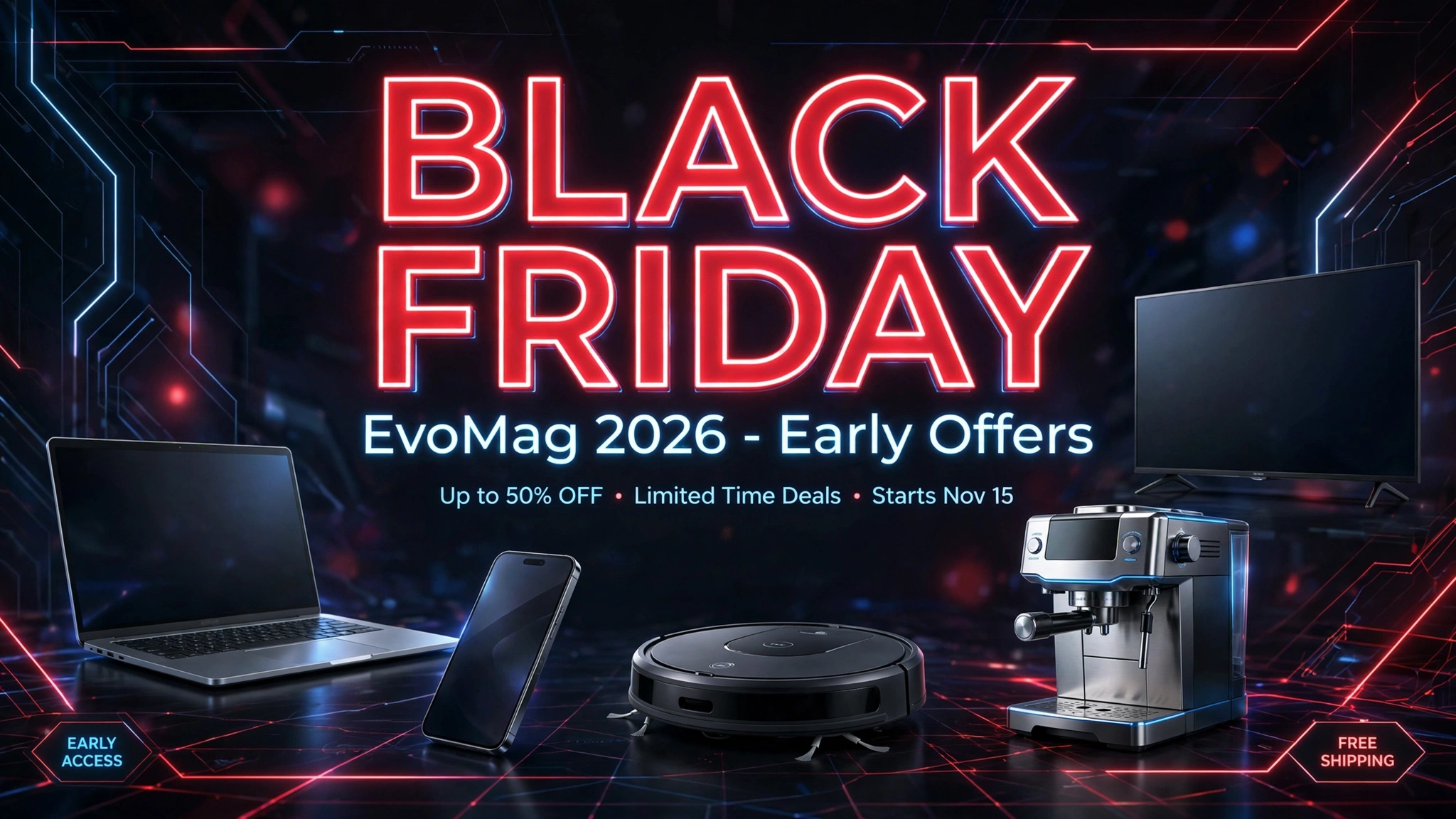 Black Friday EvoMag 2026 Early Offers - laptop, telefon, aspirator robot, TV Samsung 127 cm, espressor